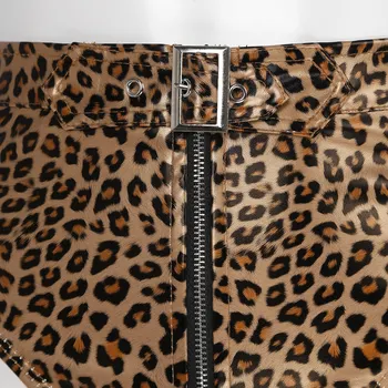 Dámske PU Kožené Leopard Sexy Clubwear High Cut Predné Zip Hore Korisť Šortky Teplé Nohavice pre Nočný Klub Strany Rave Sexy Knickers