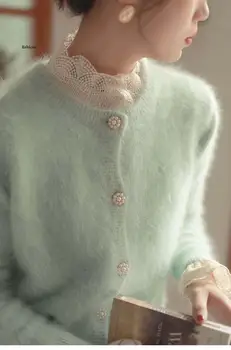 Nové Módne tvaru Ženy Pletený Sveter Cardigan Duté Čipky Šitie Single-breasted Knitwear Krátky Kabát Top